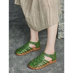 Birkuir Original Women Flats Shoes Weave Retro Genuine Leather Comfort Casual Sandals Closed Toe Soft Sole Lace Up Ladies Shoes