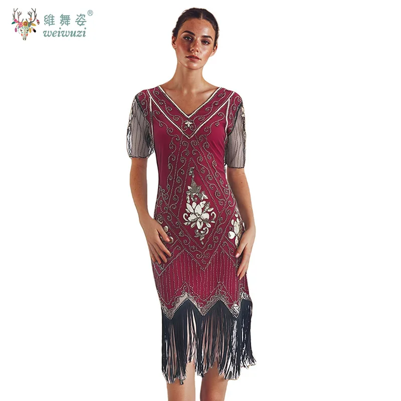 여성 패션 빈티지 플러스 사이즈 S-3XL 컬러 시퀸 풀 태슬 드레스 1920년대 V넥 나비 소매 이브닝 드레스