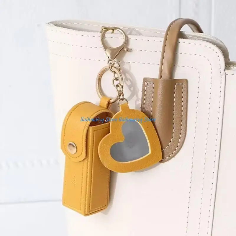573B Lipstick Keychain Leather Lipstick Bag with Heart Pendant for Women