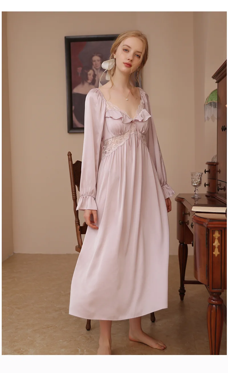 New Ladies French Vintage Princess Sexy Sleepwear Women Long Pajama Nightdress Fairy Ruffles Lace Nightgowns Silk Dress Women