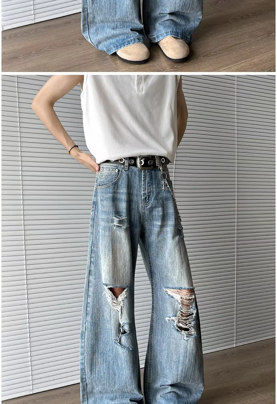2025 Trashy Y2K Streetwear Washed Blue Baggy Ripped Jeans Hosen für Männer 90er Jahre Vintage Kleidung Straight Distressed Denim Hosen – Detail 12