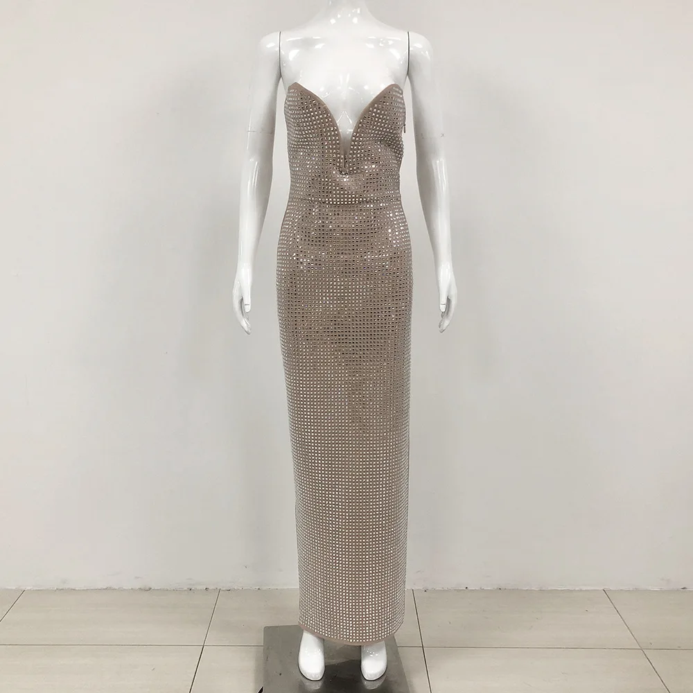 Women Sexy Strapless Backless Crystal Diamonds Beige Split Maxi Long Bodycon Gowns Dress 2024 Elegant Evening Club Party Outfit