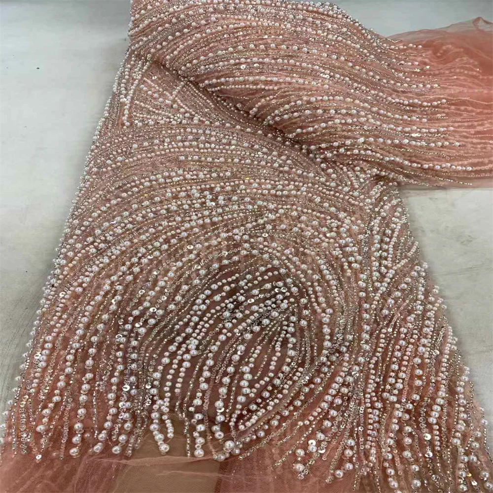 Luxury Nigerian Beaded Pearls Lace Fabric 2024 French Groom Heavy Handmade Sequins Tulle Lace Fabric For Bride Wedding Dress Sew