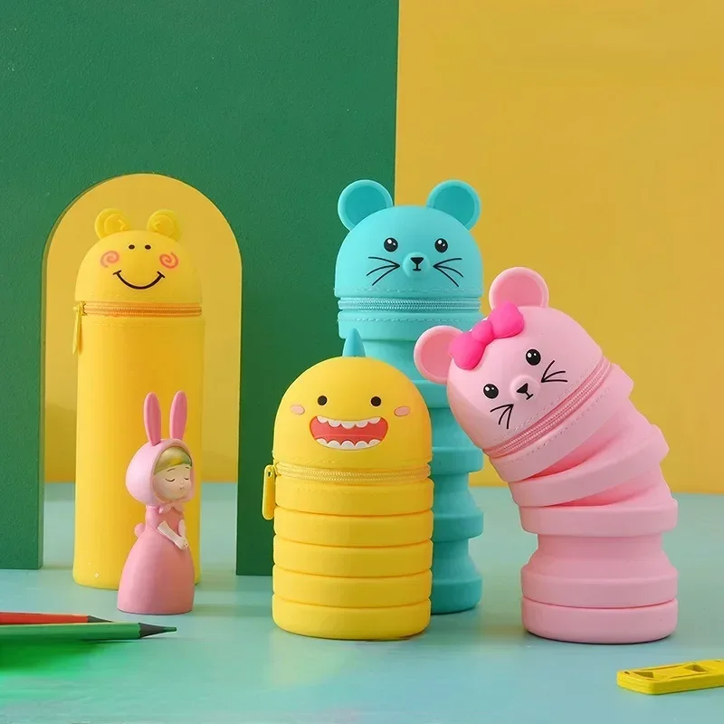 Kawaii Animação Dos Desenhos Animados Silicone Estojo Retrátil, Descompressão Pikachu, Caneta Titular, Bonito Papelaria Caixa, Novo