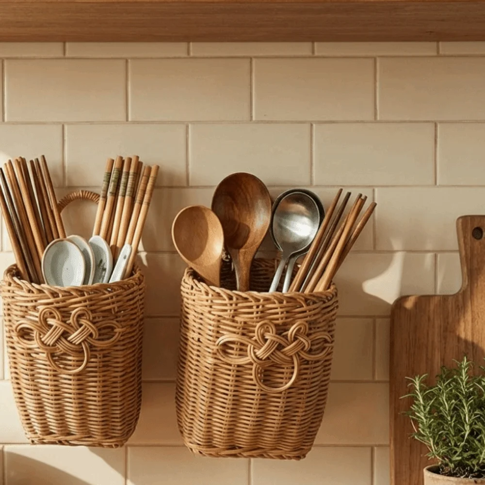 

Plastic Imitation Rattan Storage Basket Decorative Space Saving Vegetable Fruit Storage Basket with Handle