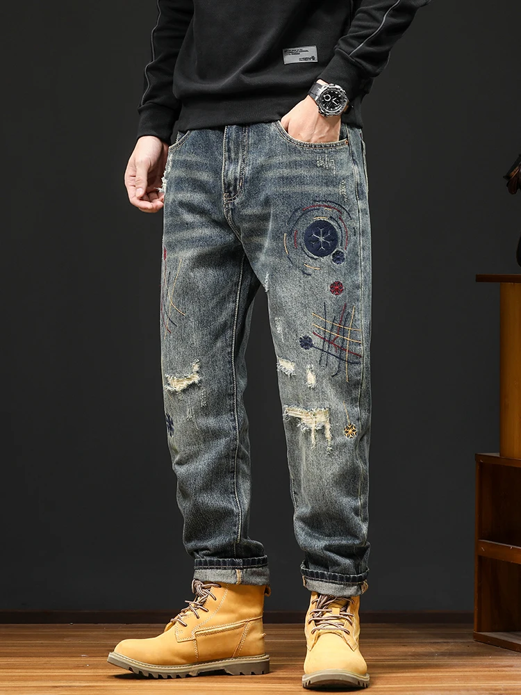 

Мужские джинсы в стиле ретро Харадзюку с пэчворком и эффектом потертости, средняя посадка, свободный крой, повседневные джинсовые брюки для молодежи