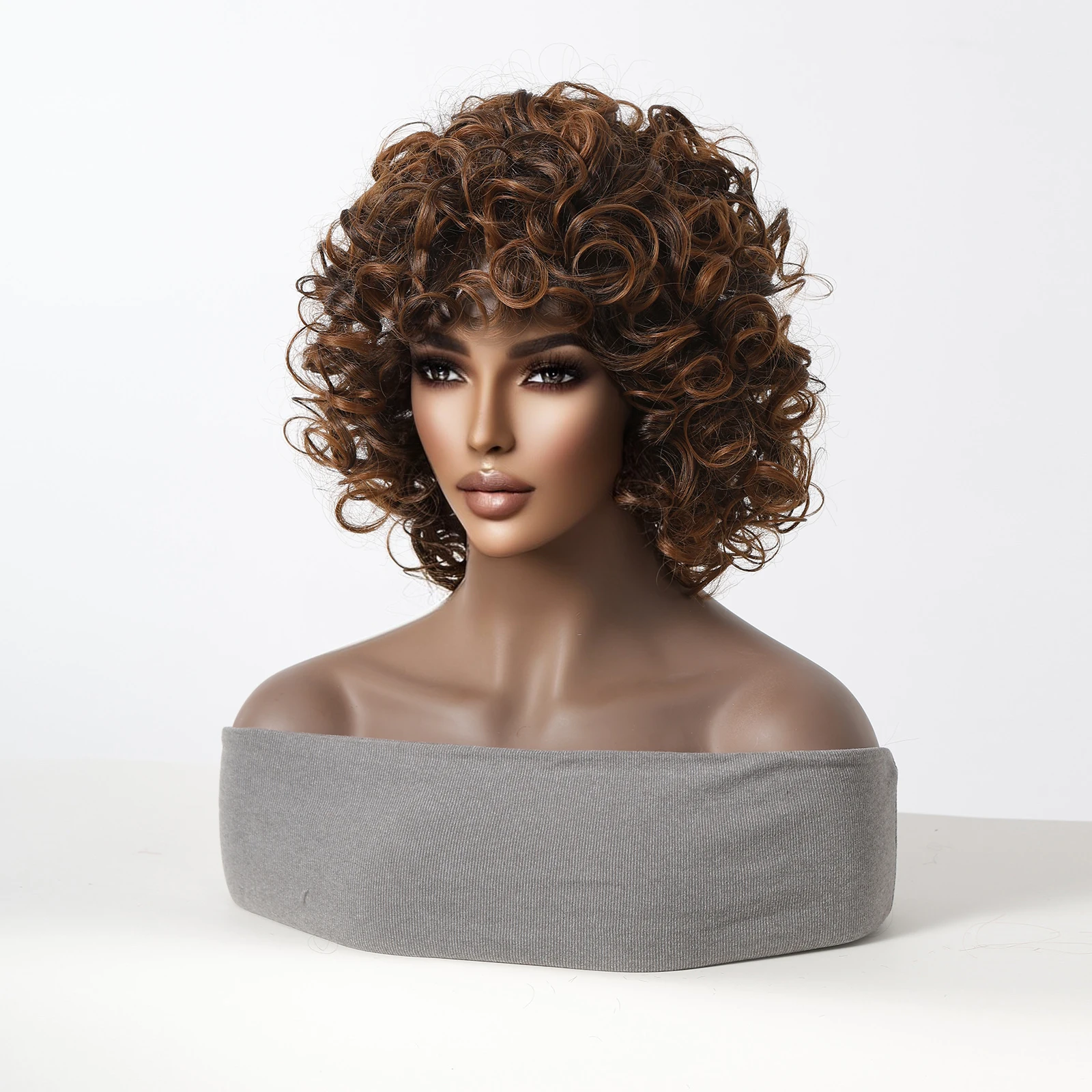 Synthetic Short Brown Bounce Curly Wigs for Black Women Afro Fluffy Natural Wigs with Bangs Natural Daily Heat Resistant