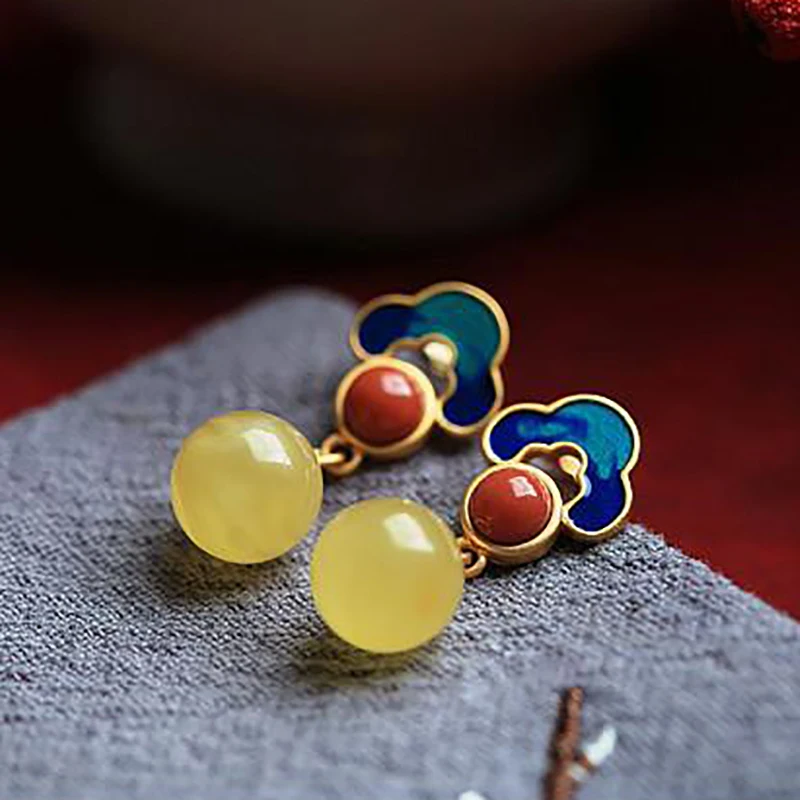 New design ancient gold craftsmanship inlaid natural yellow round chalcedony high sense ladies attending party silver jewelry