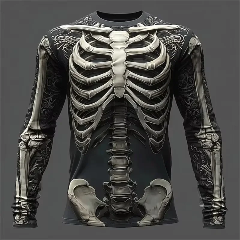 Men Color Block Skull Skeleton 3D Printed Long Sleeve T Shirt Black White Grey Red Gothic Streetwear Casual Graphic Tee Top