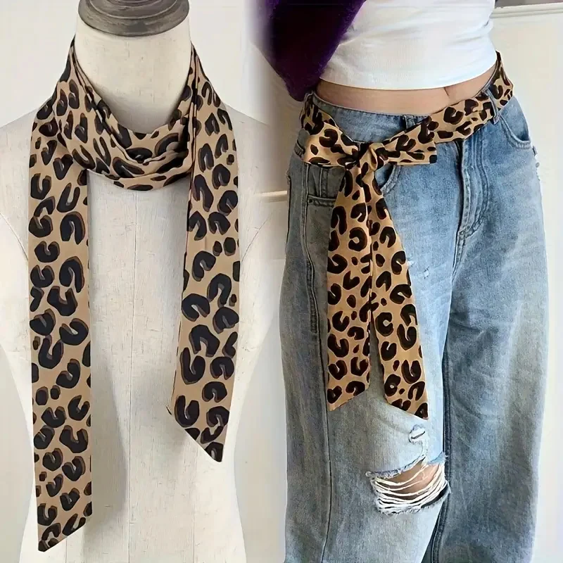 Retro Leopard Print Scarf for Women Clothing Ribbons Y2K Narrow Long Scarfs Belt Bowknot Hair Accessories Bags Handle Decoration