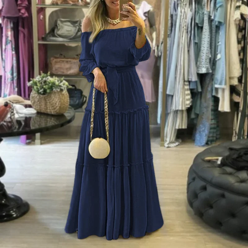 Bohemian Style Off The Shoulder Dresses Women Lace-up High Waist Ruffle Dress Female Commuter Casual Pleated Floor-length Gown 4