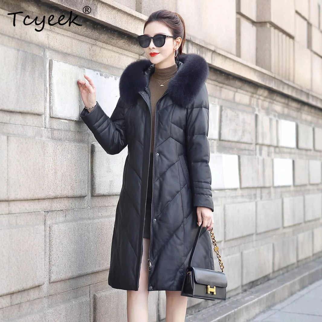 Tcyeek Vera pelle di pecora Piuma d'oca bianca Autunno Inverno Con cappuccio Nero Giacca in vera pelle da donna di media lunghezza Jaqueta Couro