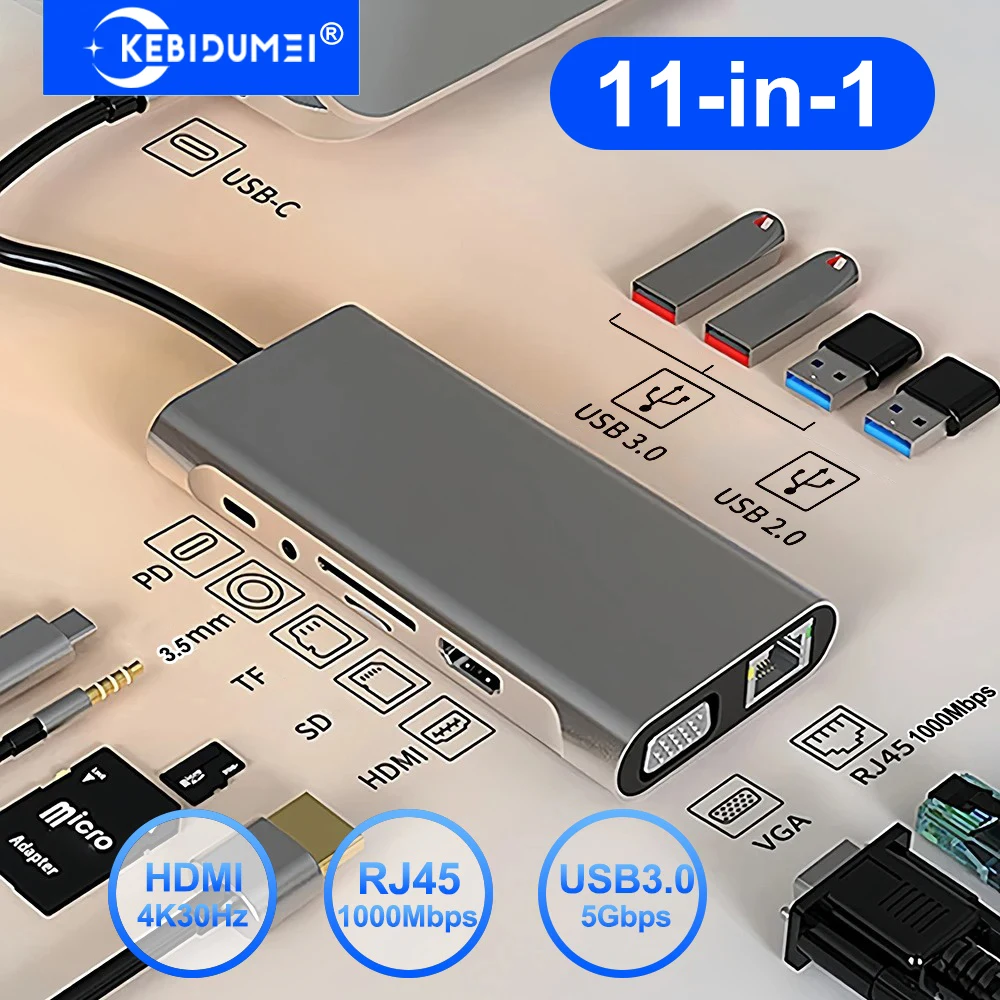 

11-in-1 USB C Docking Station USB 3.0 HUB Type C to HDMI Adapter USB C HUB TYPE-C Splitter 4K/1000Mpbs/5Gbps For PC Laptop