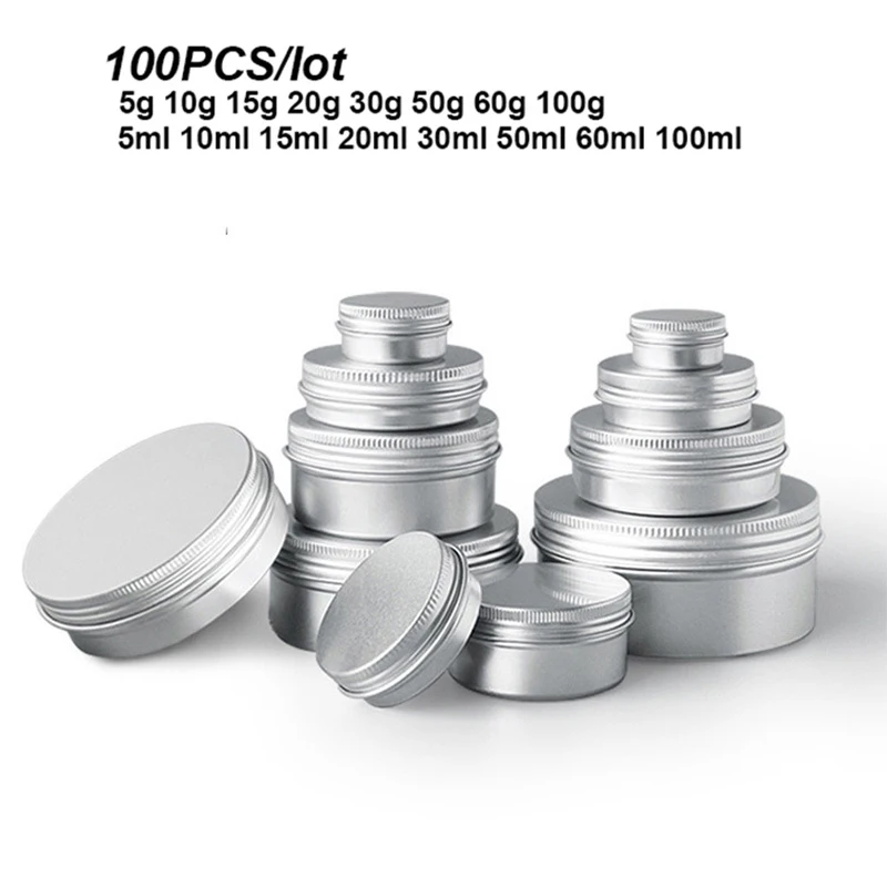 100pcs 5g 10g 15g 20g 30g 50g 60g 100g Aluminum Tin Jars Empty Metal Cosmetic Face Care Eye Cream Lip Balm Gloss Packaging