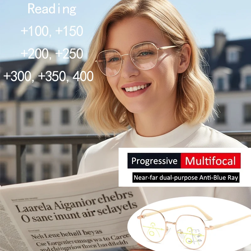 Modische progressive multifokale Anti-Blaulicht-Lesebrille mit großem Metallrahmen, geeignet für die An- und Fernsicht8067