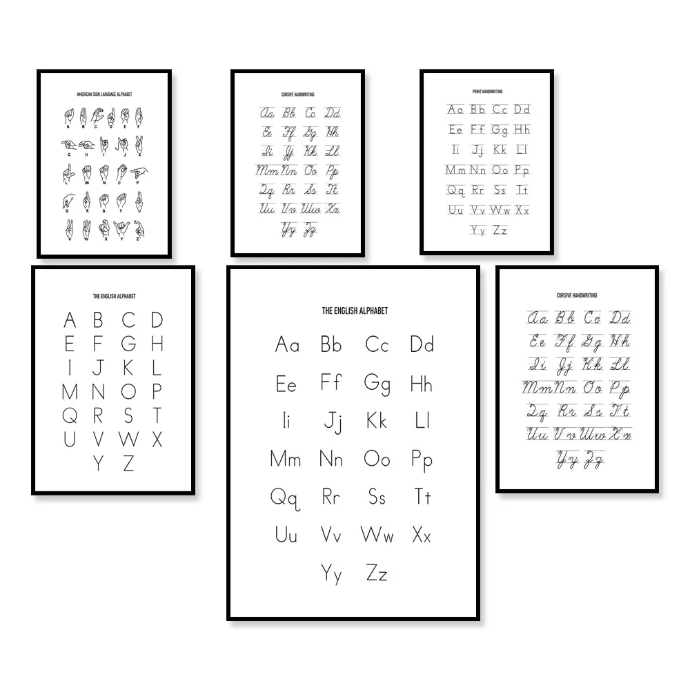 English alphabet art poster, English version-black and white-ABC printing-classroom decoration-home school-children's gifts