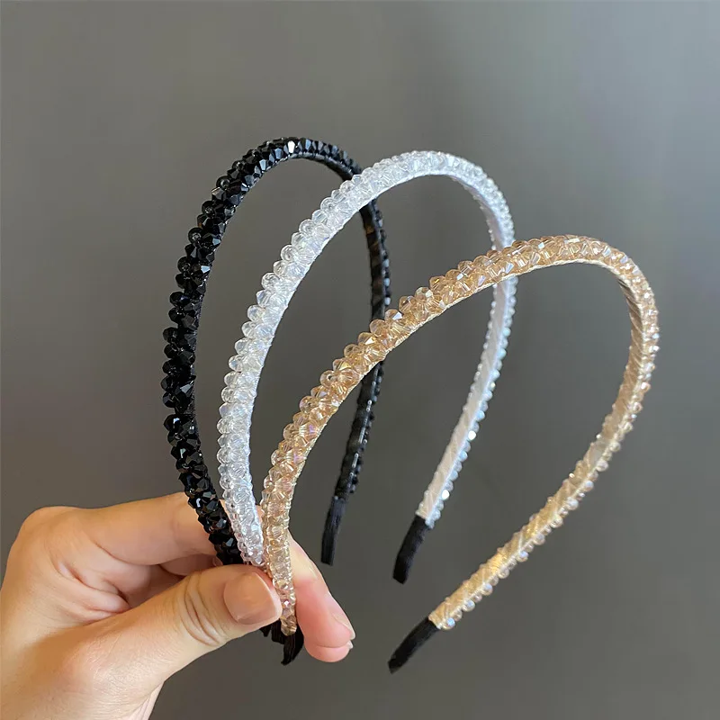 Fashion Elegant Double Layer Crystal Hairband Women Braided Bead Stone Headband Simple Solid Thin Headwrap Handmade Hair Hoop