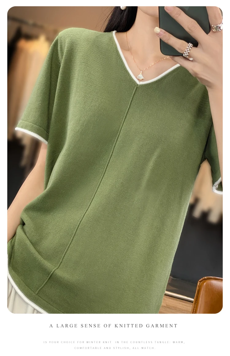 100% Cotton T-Shirt Women's V-Neck Pullover Short Sleeve Summer New Casual Knitting Loose Top Fashion Color Contrast T-Shirt