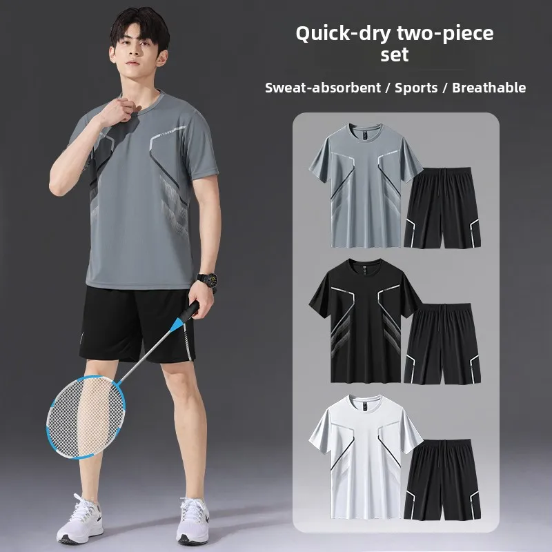 

Ice Silk ort Sve Men's Summer New Loose Casual Sportswear Set Breathable Thin Sle Faionable round Ne T-irt