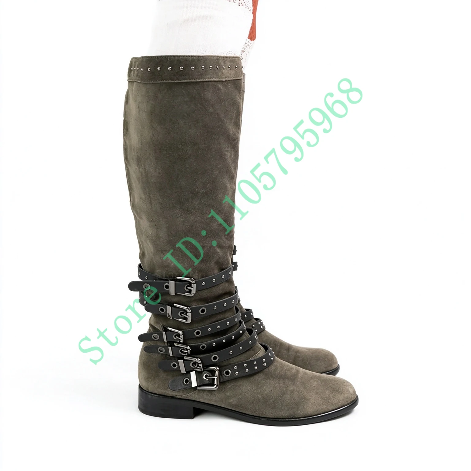 Grey Suede Block Low Heel Knee High Boots Women Eyelet Rivet Belt Buckle Patched Boots Female Multi Straps Side Zipper Shoes