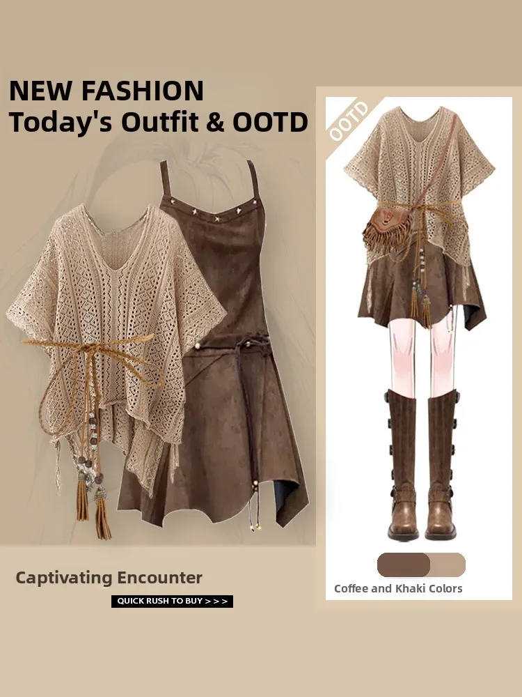 

Fashionable Two-Piece Set Women's Autumn New Style Sun Protection Hollow out Cover up with Strap Dress Casual round Neck Shirt