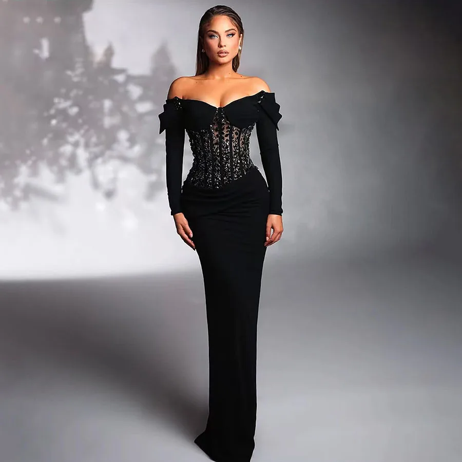 Sexy Mermaid Evening Dresses Black Long Sleeve Crystal Prom Gown Corset Off The Shoulder Satin Surface Shining Sequins Dress