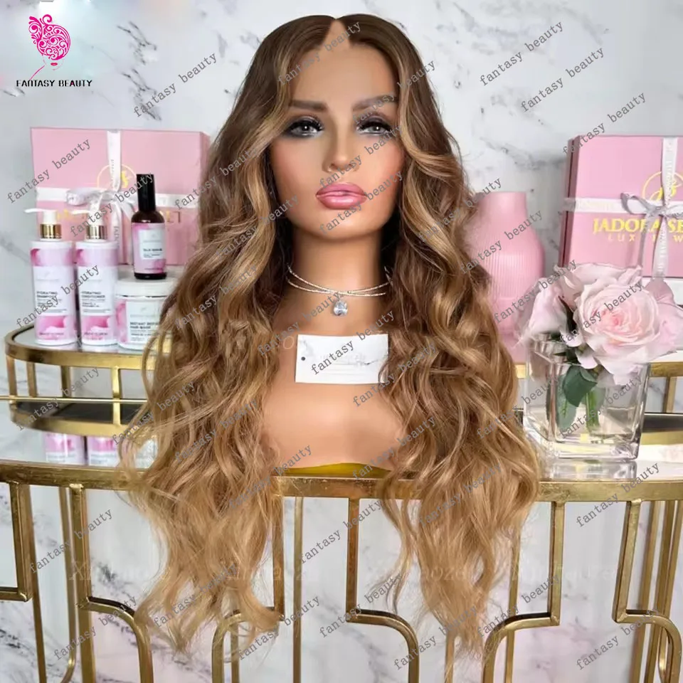 

Highligt Brown Honey Blonde Loose Wave V Part Wig 100% Human Hair Ombre Body Wavy U Shape 250Density Full Machine Made Half Wig