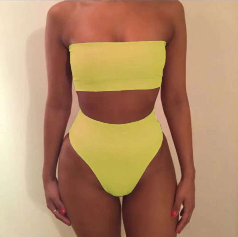2Pcs/Set Women Sexy Strapless Elastic High Waist Swimsuit Female Solid Bikinis Set Swimwear Beachwear Bathing Suit