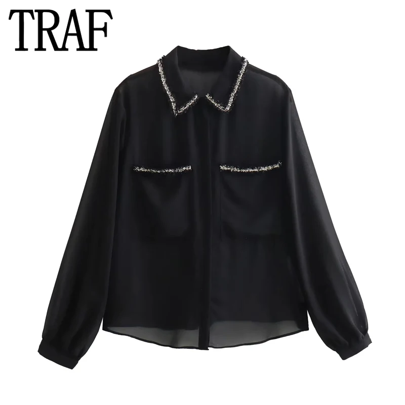 TRAF 2023 Textured Black Shirt Women Semi Sheer Chiffon Blouse Female Button Up Elegant Chic Woman Shirt Autumn Long Sleeve Top