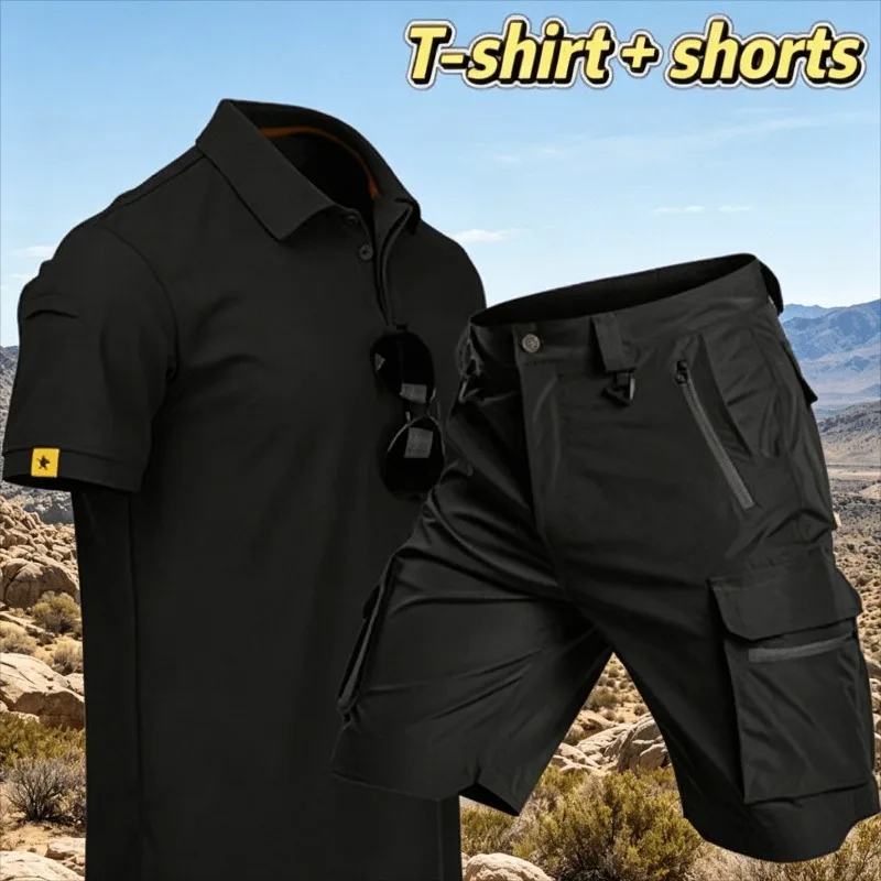 

2-piece Men's Summer Collar Short Sleeved+tactical Cargo Shorts Quick Drying Breathable Outdoor Work Suit Hiking Cycling Camping