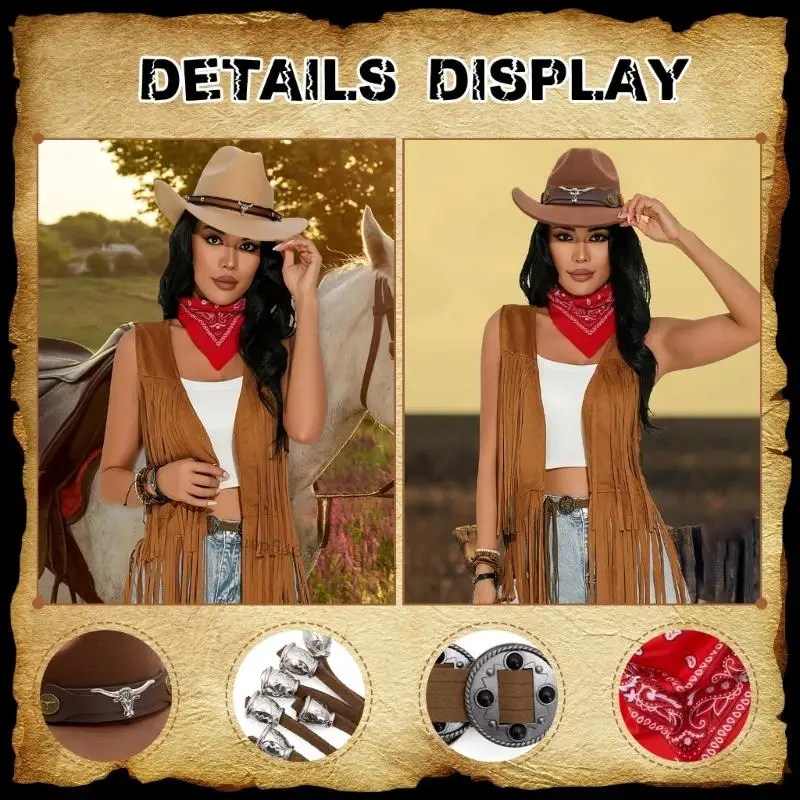 مجموعة أزياء Cowgirl مجموعة Western Western Hat Scarf Belt Party Associory H7ef