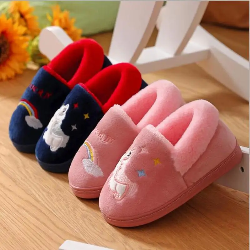 New Unicorn Kids Slippers For Toddler Boys Indoor Shoes Baby Girl Fur Slides Cotton Flip Flop Warm Winter House Children Slipper