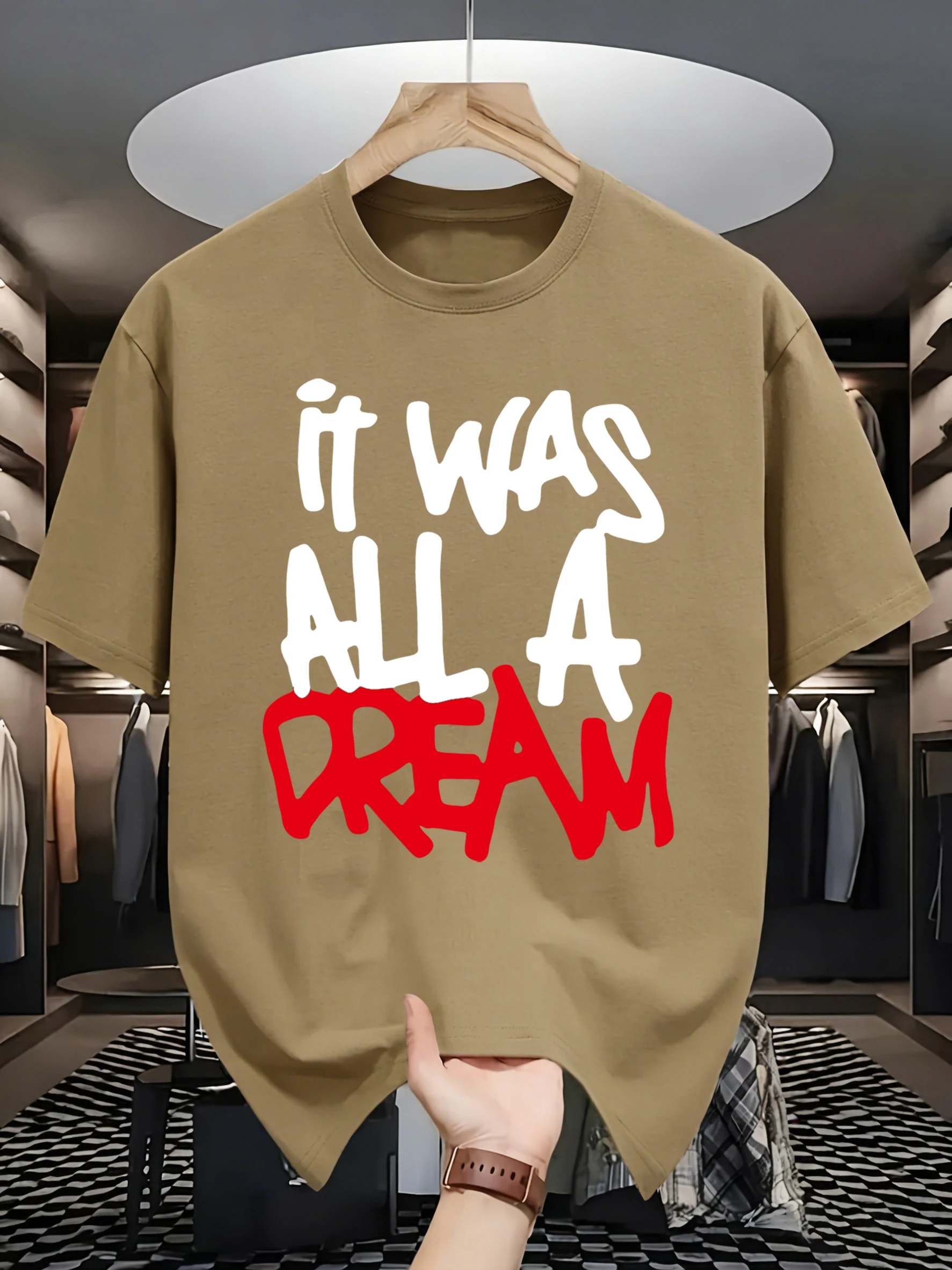 It Was All A Dream Red Letter Print T-Shirt Mens Cotton T Shirts O-Neck Summer Basics Clothes Casual Trendy Short Sleeve