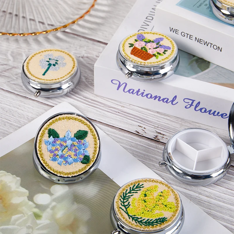 Embroidered Flowers Portable Round Waterproof Pill Tablet Metal Pill Box Medicine Case Light-weight Holder Container Travel Home