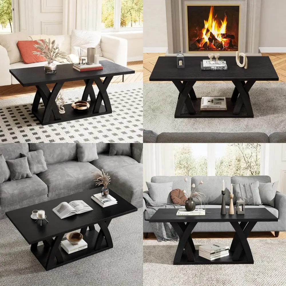 

Modern Black Living Room Coffee Table with Grey Shelf, 47 Large Size, Perfect for Farmhouse Style