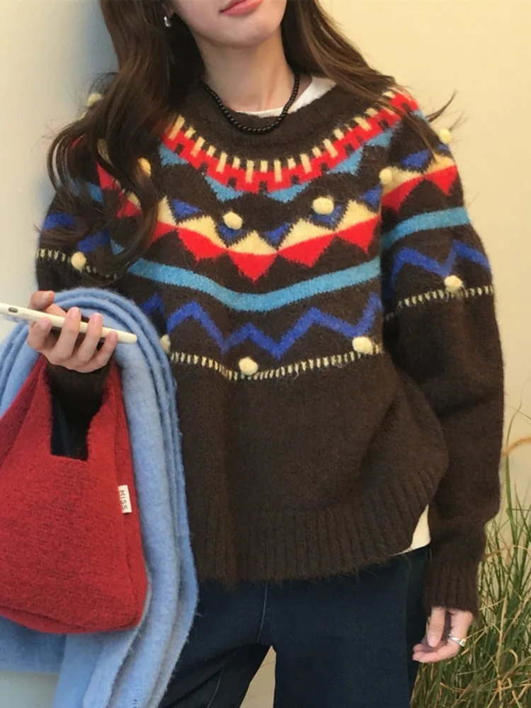 

Thiened round Ne Knitted Sweater Women's Casual Sle Floral Embroidery Warm Top Retro Pattern Spring Autumn ential