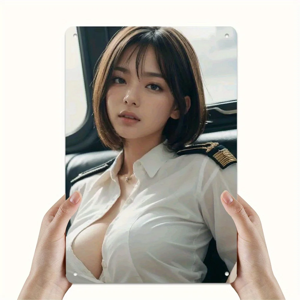 Cute Asian Busty Pilot Girl with Short Hair in White Unbuttoned Uniform Shirt with Epaulets Posing in Cockpit Metal Tin Sign, Vi