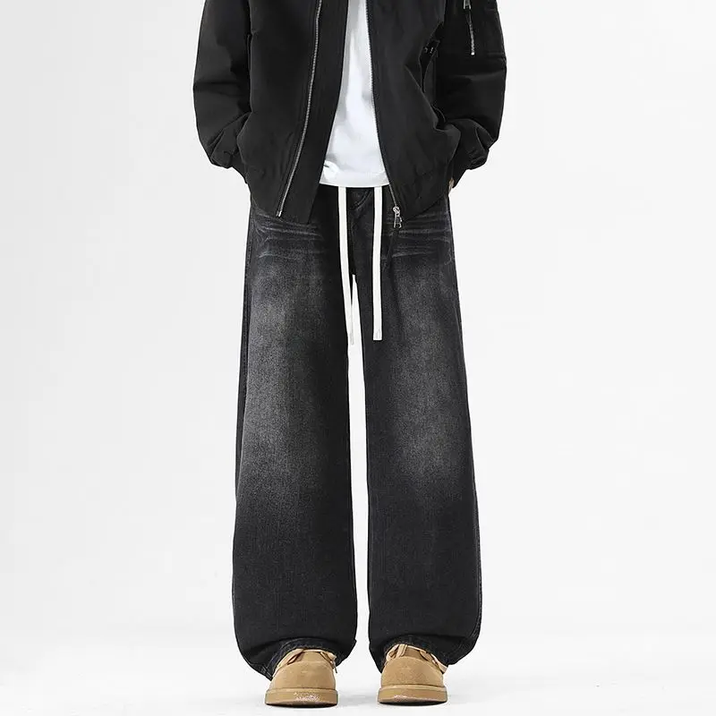 

Men's Curved Knife Loose Wide Leg Pants Casual Autumn Retro Straight Leg Jeans High Street Loose Washed Drawstring Pants