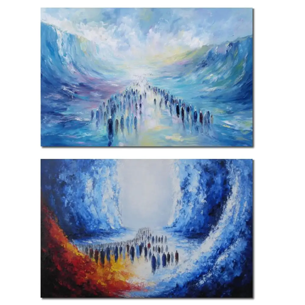 

Crossing the Red Sea Oil Painting Handmade Jewish Canvas Art Dramatic Blue Gold Religious Dining Room Wall Decor Judaica Gift
