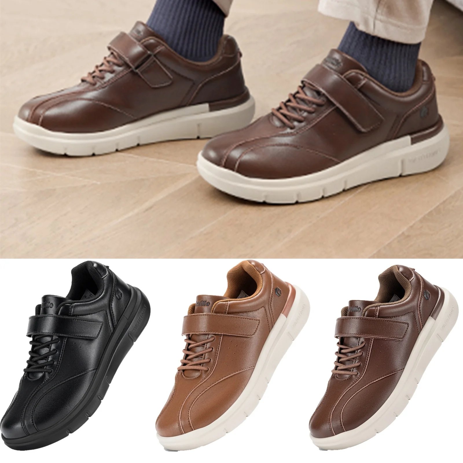 

Мужская обувь для диабетиков Fittington, очень широкая прогулочная обувь на липучке, водоотталкивающие кожаные кроссовки без шнуровки для диабетиков S