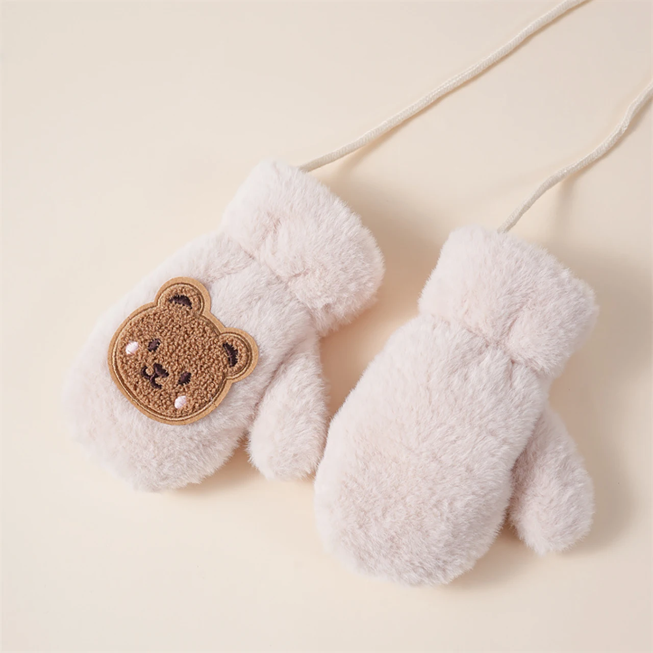 Winter Kids Plush Gloves With Hanging Neck Rope Cute Bear Mittens Soft Faux Fur Fingerless Glove 2-5Year Children Hand Warmer