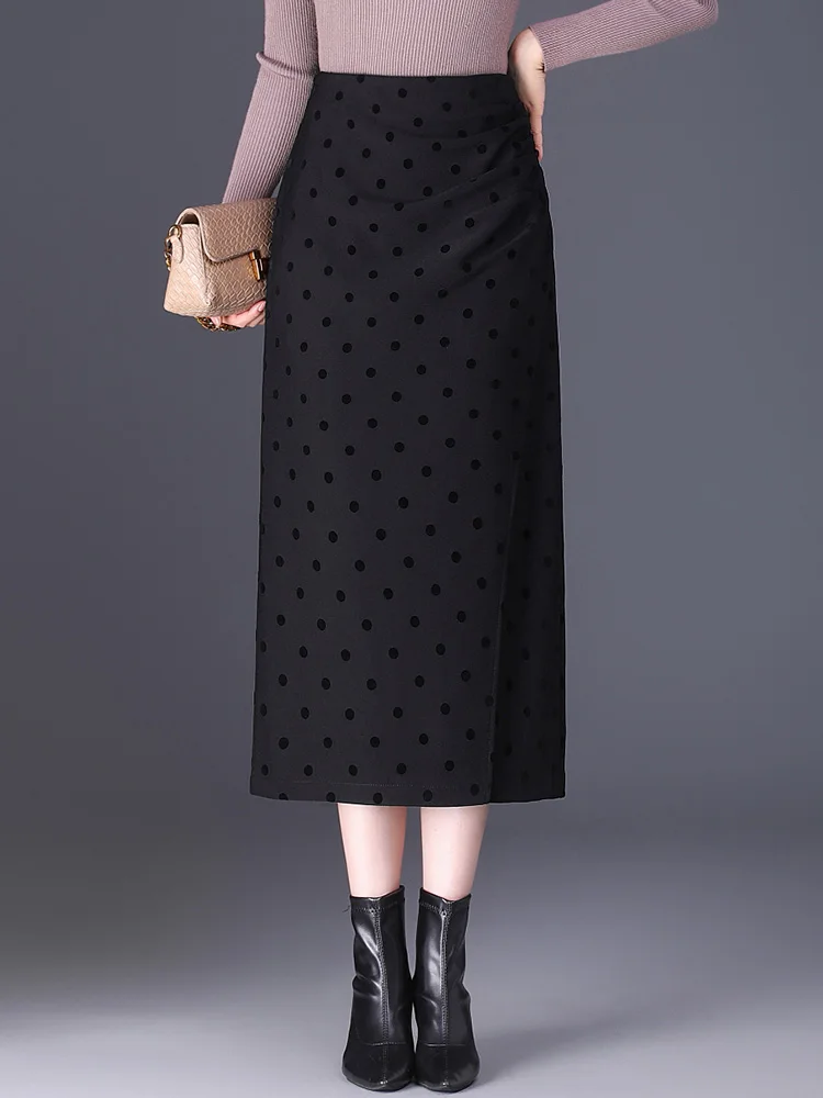 

SUCH AS SU 2024 Fall Winter Black Coffee Dots Pencil Skirt High Waist Ladies S M L XL XXL 3XL Size Female Mid Long Skirts Female