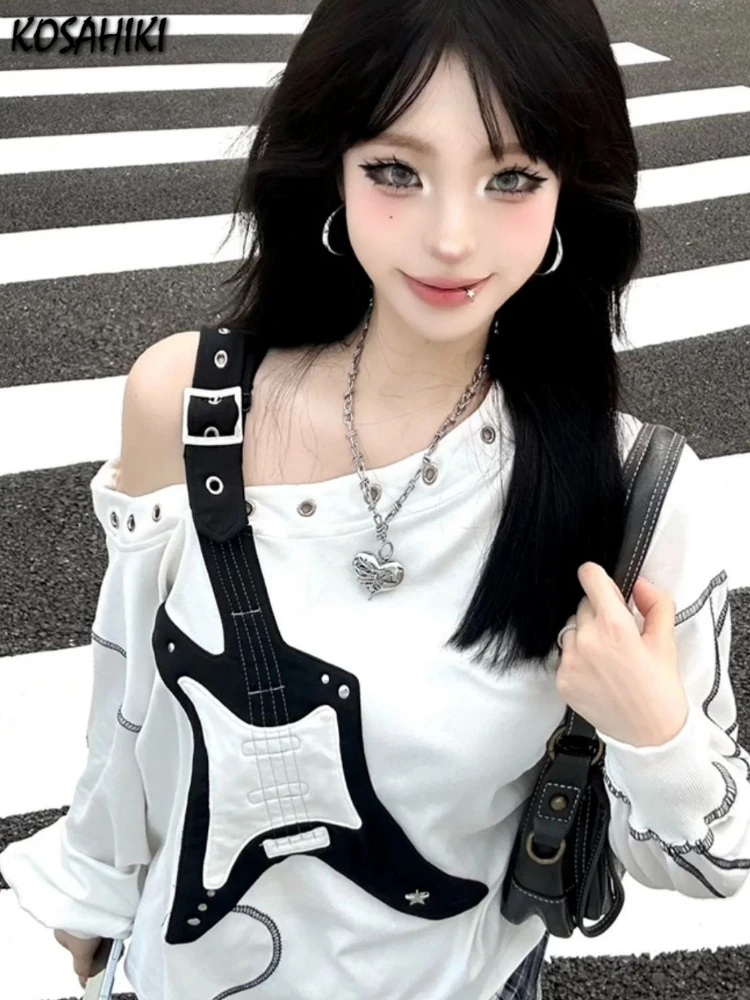 Y2k الجمالية انحراف طوق تي شيرت غير رسمي المرأة Harajuku التباين اللون Vintage القمم الشارع الشهير الربيع الغيتار طباعة الجرونج قميص