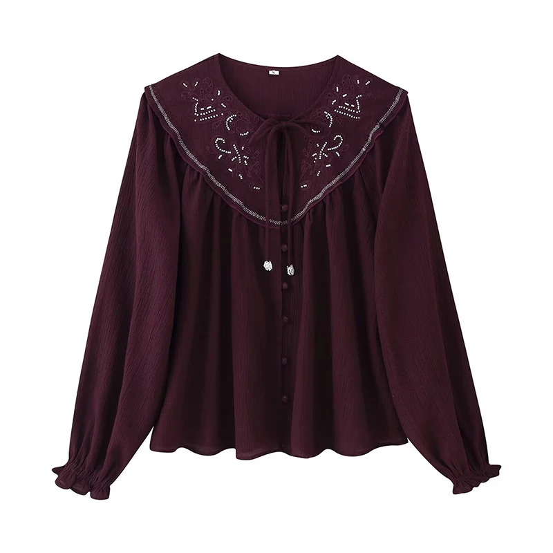 YENKYE nouvelles femmes mode perlée chemise brodée à lacets col rond à manches longues décontracté Blouse ample printemps haut d'automne