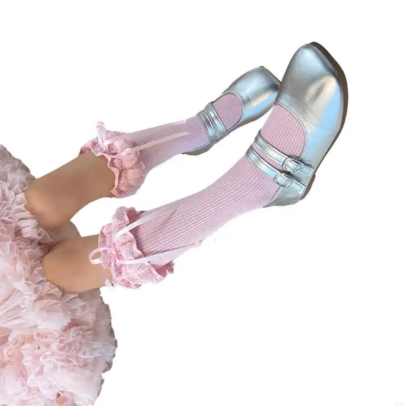 Ribbon Bowknot Knee High Socks Cotton MidCalf Socks Girl Spring Dress Socks for Little Girls with Ruffle