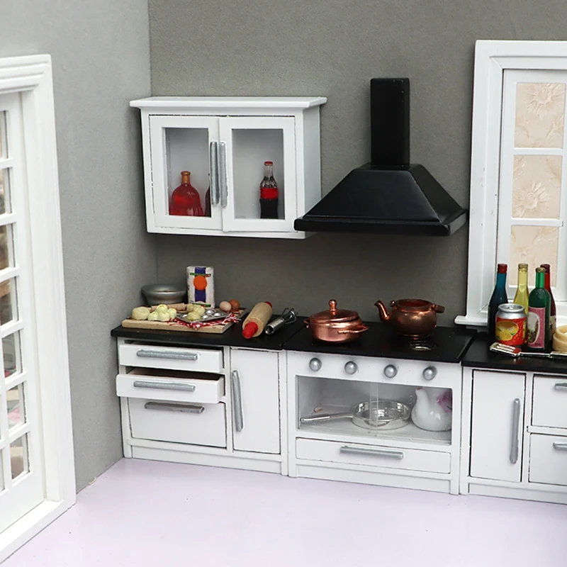 1:12 Dollhouse Mini Kitchen Scene White Kitchen Furniture Range Hood Carbinet Cooktop Dollhouse Accessories