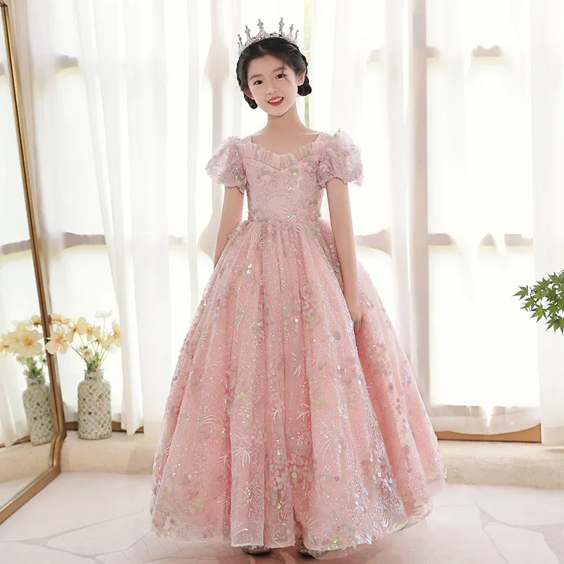 Sequin Lace Kids Dress Flower Long Elegant Teenagers Ball Gowns Girl Party Evening Bridesmaid Princess Clothing Costumes Vestido