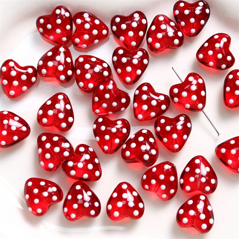 2024 Newest 30pcs/lot 14mm dot pattern cartoon hearts shape glass beads diy jewelry garment accessory