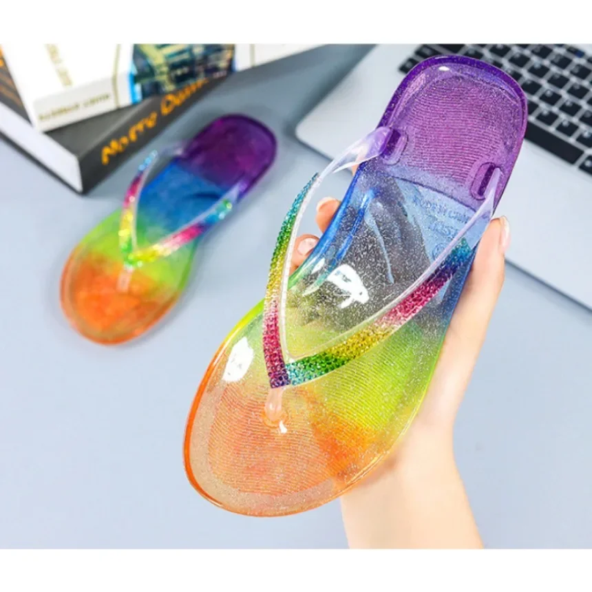 Flip Flops Women Rainbow Slippers Woman Summer Beach Sandal Outdoor Soft Non Slip Cloud Female Jelly Crystal Shoes Slides PVC