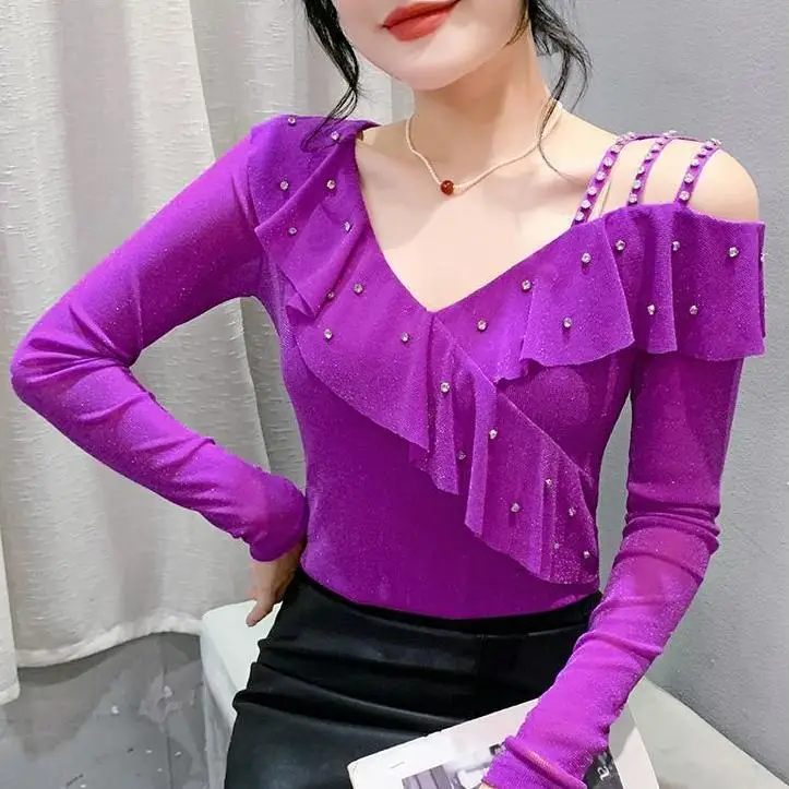 New Spring and Autumn Chic Tops Fashionable and Beaded Off-shoulder Long-sleeved Diamond-encrusted Slim-fitting Bottoming Shirts